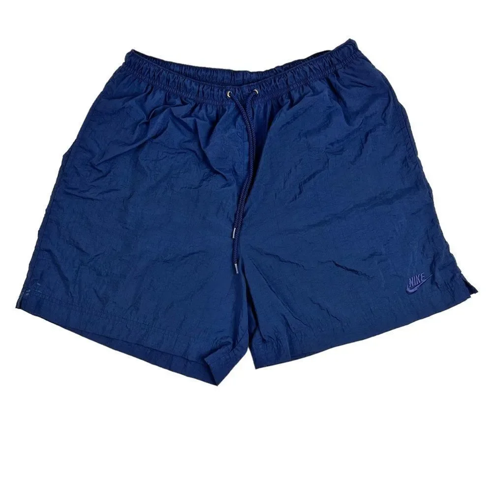 Vintage 90s Nike Men’s Large Nylon Spell Out Swoosh Shorts Navy Blue